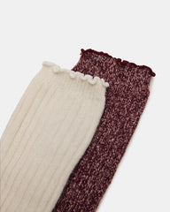 2 PACK SUPER SOFT LETTUCE EDGE SOCKS IVORY/BURGUNDY