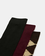 3 PACK ARGYLE KNEE HIGH SOCKS BROWN MULTI